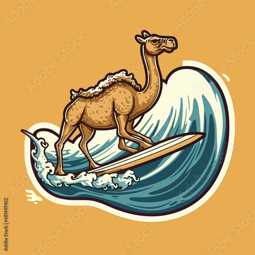 Cartoon camel riding a surfboard on a small wave