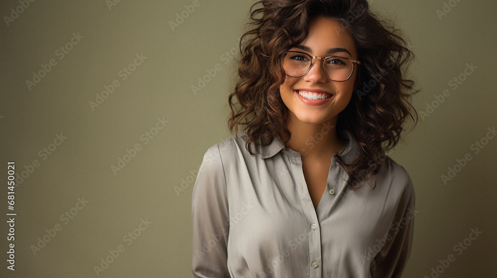 Portrait of a beautiful young woman with curly hair wearing glasses. Portrait of a beautiful young woman with curly hair wearing glasses.