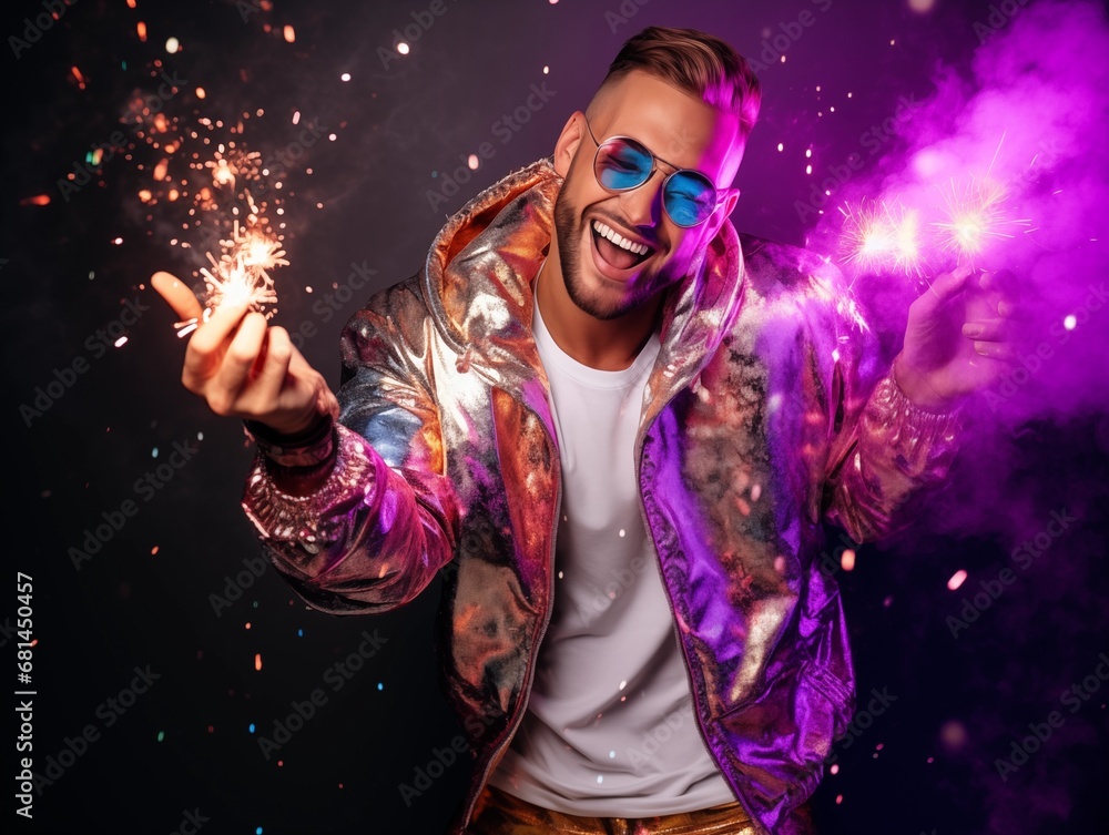 Fototapeta premium Young pretty man dressed in sequined jacket having fun on New Year party, happy guy dancing and laughing with sparkles and confetti, purple and cold colors