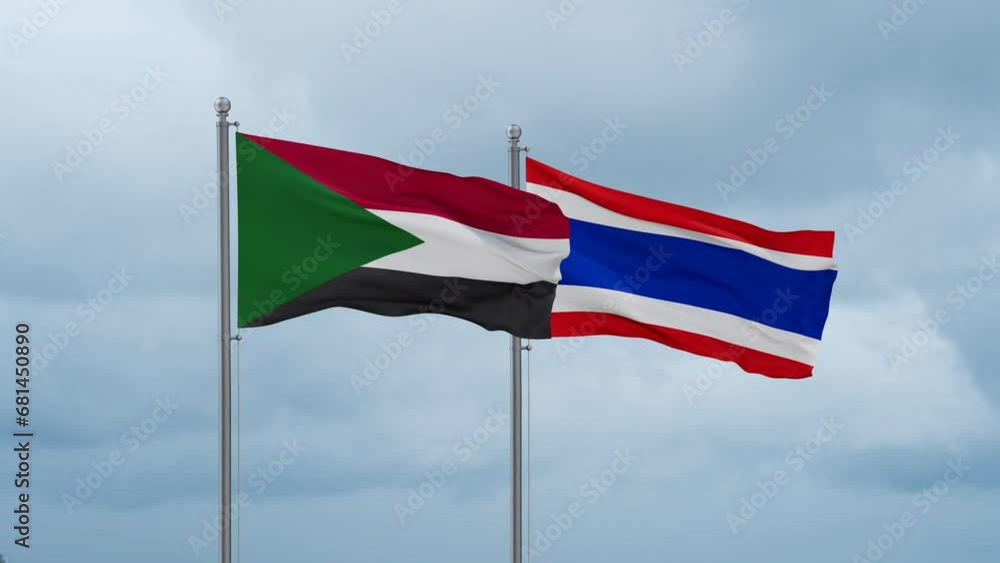 Kingdom of Thailand and Sudan flag waving together on cloudy sky, endless seamless loop, two country cooperation concept Kingdom of Thailand and Sudan flag waving together on cloudy sky, endless seamless loop, two country cooperation concept