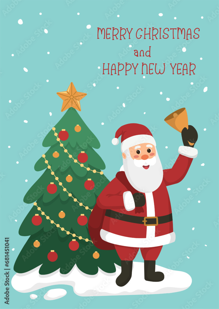 Christmas card or poster Santa Claus rings the bell, Christmas tree, snow and text Merry Christmas and Happy New Year on blue background. Flat cartoon vector illustration.