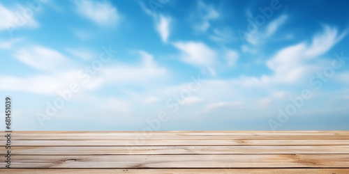 Wood table mockup with blue cloudy sky background. Empty copy space for product presentation. Generative AI