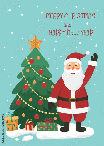 Christmas card or poster Santa Claus waving hand, gift boxes, Christmas tree, snow and text Merry Christmas and Happy New Year on blue background. Flat cartoon vector illustration. © Katrinka8888