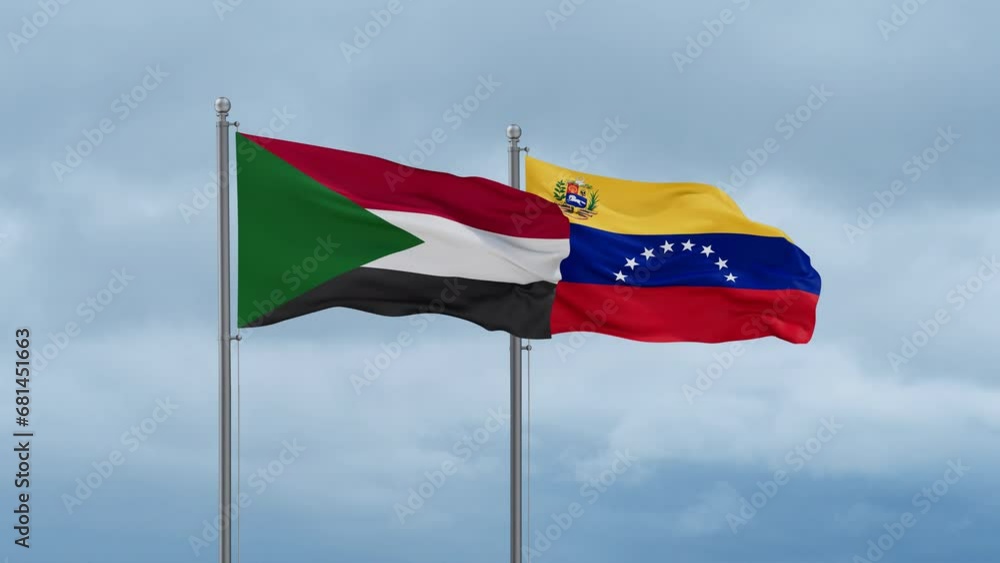Venezuela and Sudan flag waving together on cloudy sky, endless seamless loop Venezuela and Sudan flag waving together on cloudy sky, endless seamless loop
