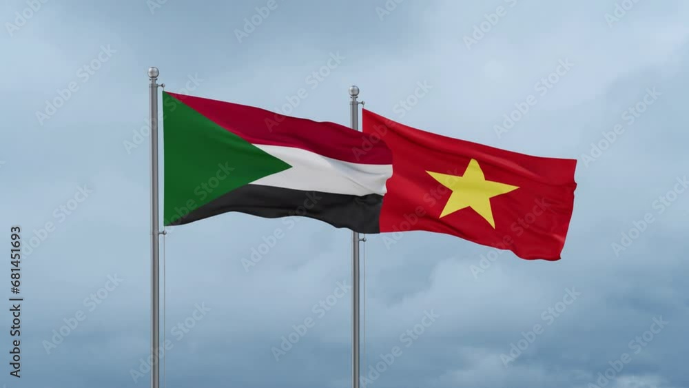 Vietnam and Sudan flag waving together on cloudy sky, endless seamless loop Vietnam and Sudan flag waving together on cloudy sky, endless seamless loop