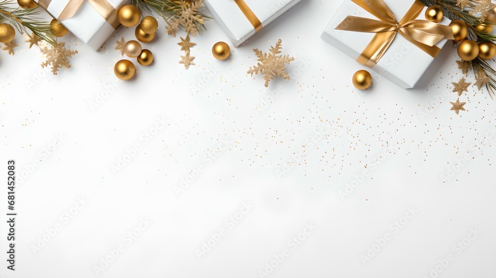 Von oben betrachtet: Weiße Geschenke mit goldenen Details und festlichen Sternen Von oben betrachtet: Weiße Geschenke mit goldenen Details und festlichen Sternen