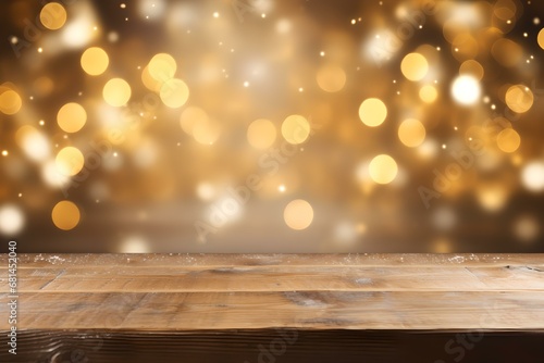 Weihnachtszauber: Holzpodest in festlicher Beleuchtung mit Tannen photo