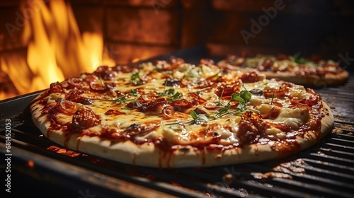 Close-up of a pizza baking inside a pizza oven