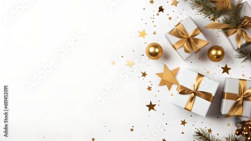 Feierliche Geschenke: Goldene Schleifen und Sterne auf weißem Hintergrund photo