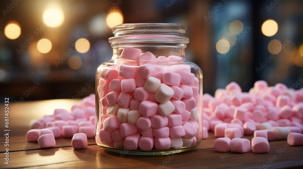 A jar filled with marshmallows placed on a table A jar filled with marshmallows placed on a table