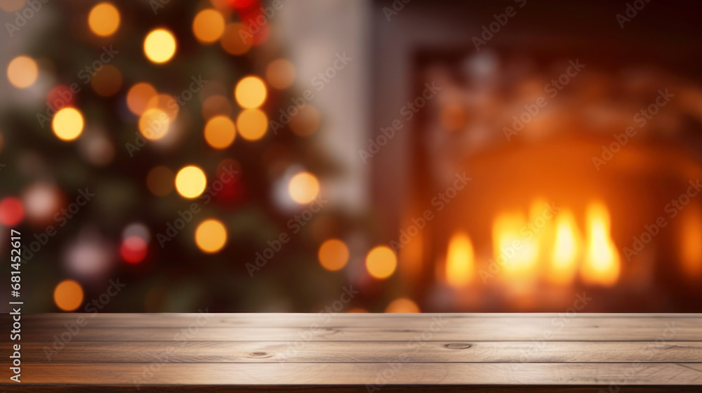 Wood table top with blurry Christmas tree and fireplace background for displaying or mounting your products, space for text