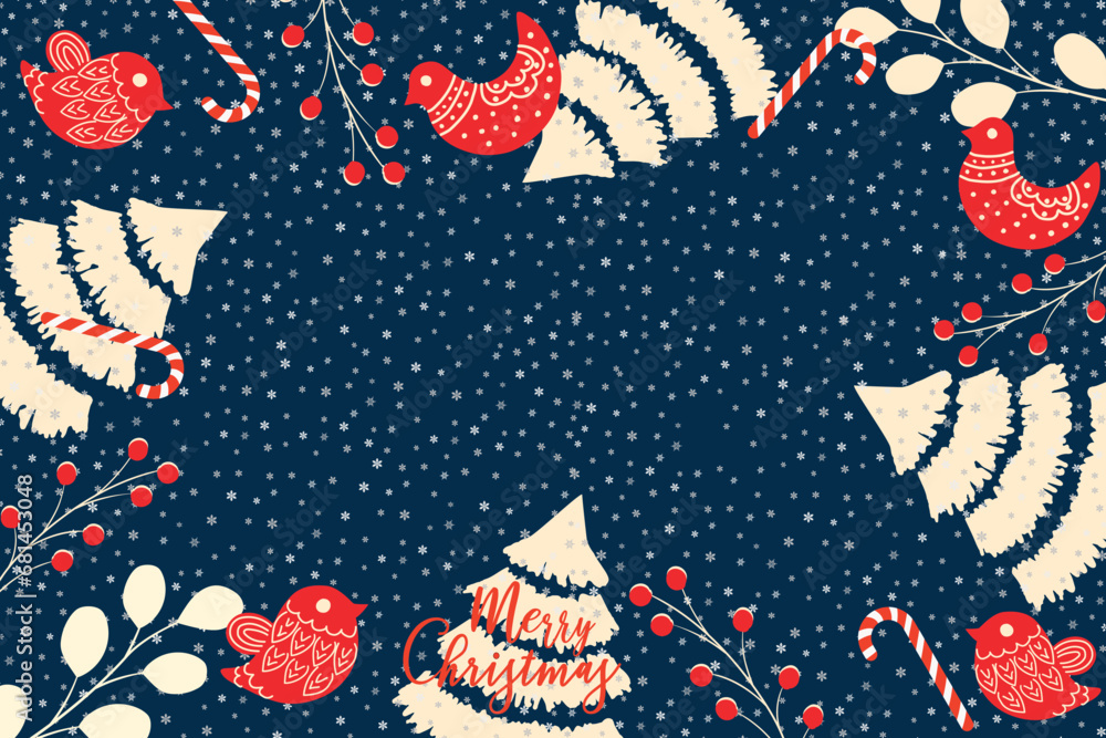 Naklejka premium Hand drawn merry christmas happy holiday vector background with a christmas tree, ethnic birds and candy canes