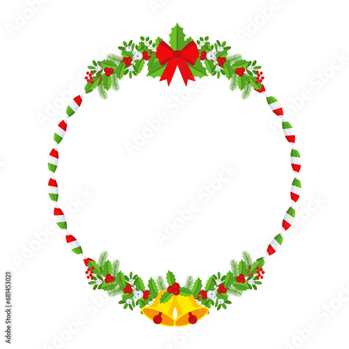 Christmas round floral wreath frame. Traditional winter garland icon