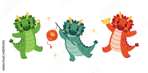 Set of cute cartoon dragons. Vector flat illustration for Chinese new year 2024.
