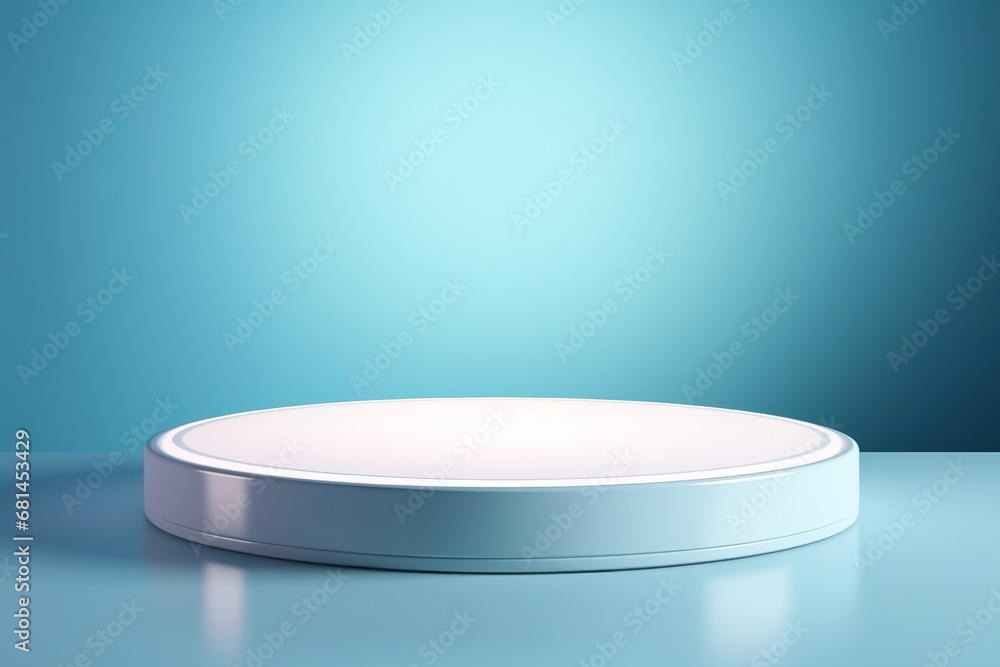 Podium of a round shape against a light blue wall Podium of a round shape against a light blue wall
