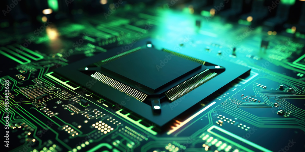 Heart of the Machine: Microprocessor in Green Glow. Motherboad electronics. Generative AI Heart of the Machine: Microprocessor in Green Glow. Motherboad electronics. Generative AI