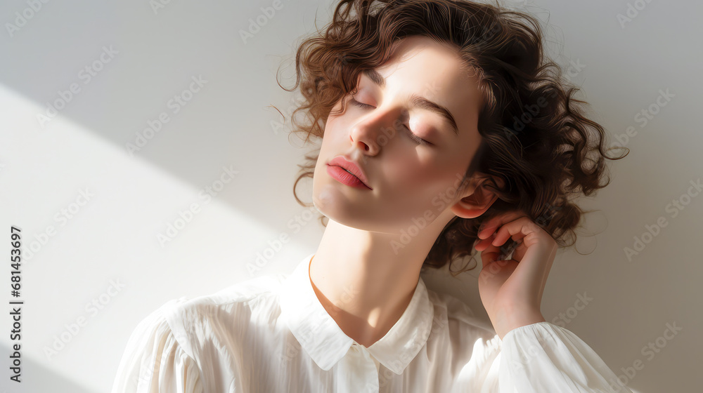 Porträt einer wunderschönen Frau in einem Hemd. Generiert mit KI Porträt einer wunderschönen Frau in einem Hemd. Generiert mit KI