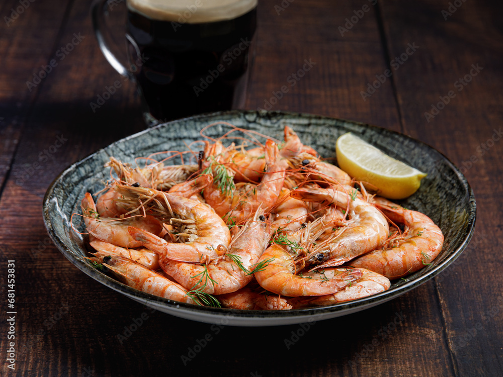 Tasty Seafood Appetizer: Fried Shrimp Scampi and Cold Beer Tasty Seafood Appetizer: Fried Shrimp Scampi and Cold Beer