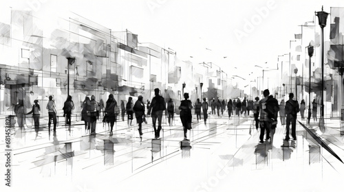 Crowd of people walking ink sketch