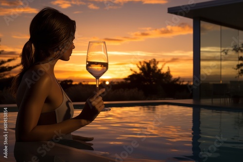 Serene Sunset: Woman Enjoying a Glass of Wine by the Ocean