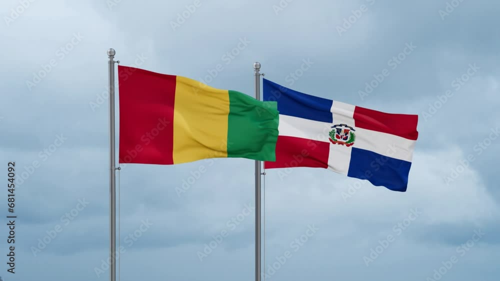 Dominican Republic flag and Republic of Guinea flag waving together on cloudy sky, endless seamless loop, two country relations concept Dominican Republic flag and Republic of Guinea flag waving together on cloudy sky, endless seamless loop, two country relations concept