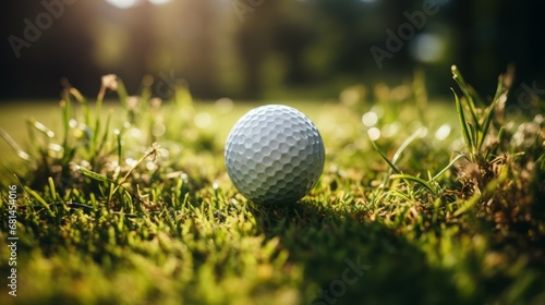 Close-up of green grass with a golf ball in soft