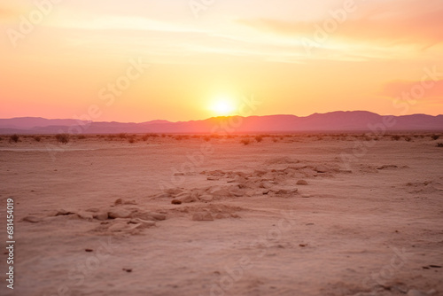 evocative image of desert landscape as the sun rises over the horizon, painting the sky in shades of pink and gold and casting warm glow on the sand