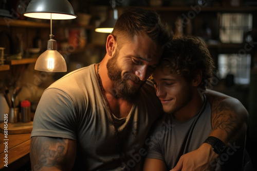 Young handsome gay male couple hugging at home