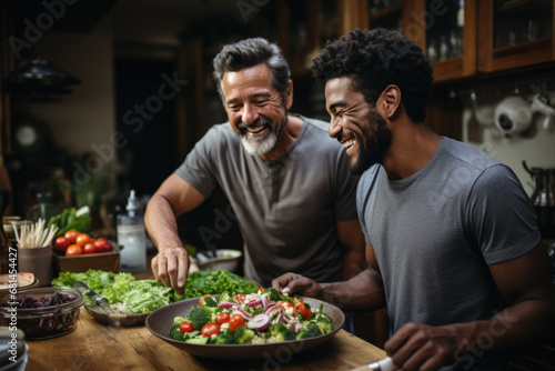 Two happy gay men spend free time together preparing healthy salad in kitchen
