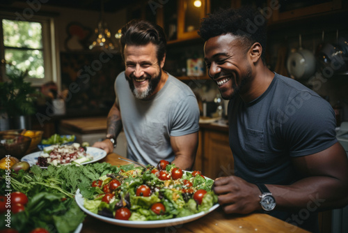 Two happy gay men spend free time together preparing healthy salad in kitchen