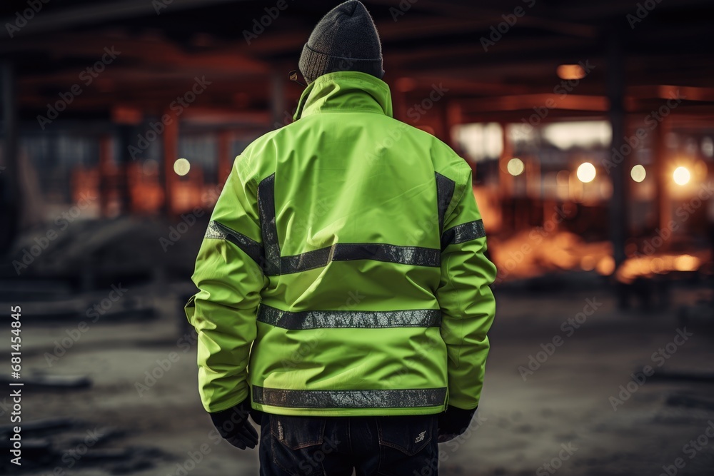 Factory worker in a reflective work jacket. Generative AI Factory worker in a reflective work jacket. Generative AI