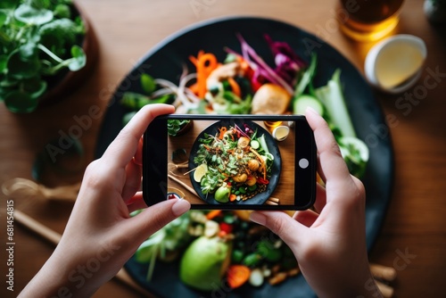 Female blogger takes a photo of a bowl of Asian food on her smartphone. Generative AI photo