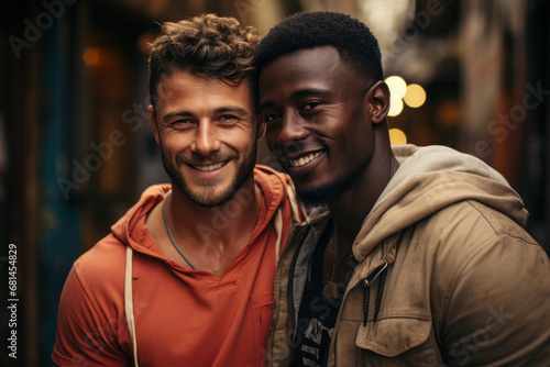 Young handsome multinational gay male couple hugging urban background