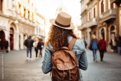 View of a female tourist with a backpack. Guide, tourism in Europe