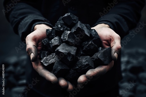 Male hands holding cubes of black coal