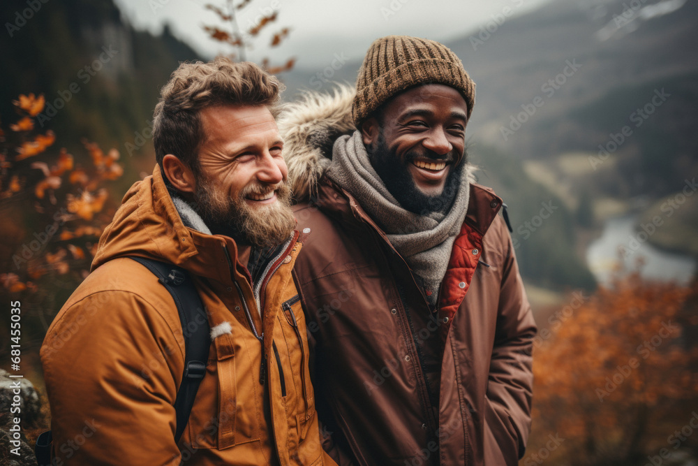 Portrait of handsome multinational gay male couple hugging at nature background