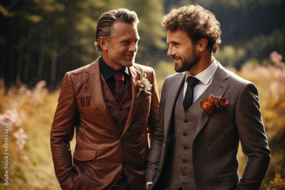 A couple of Caucasian gay grooms on their wedding day against the background of nature A couple of Caucasian gay grooms on their wedding day against the background of nature