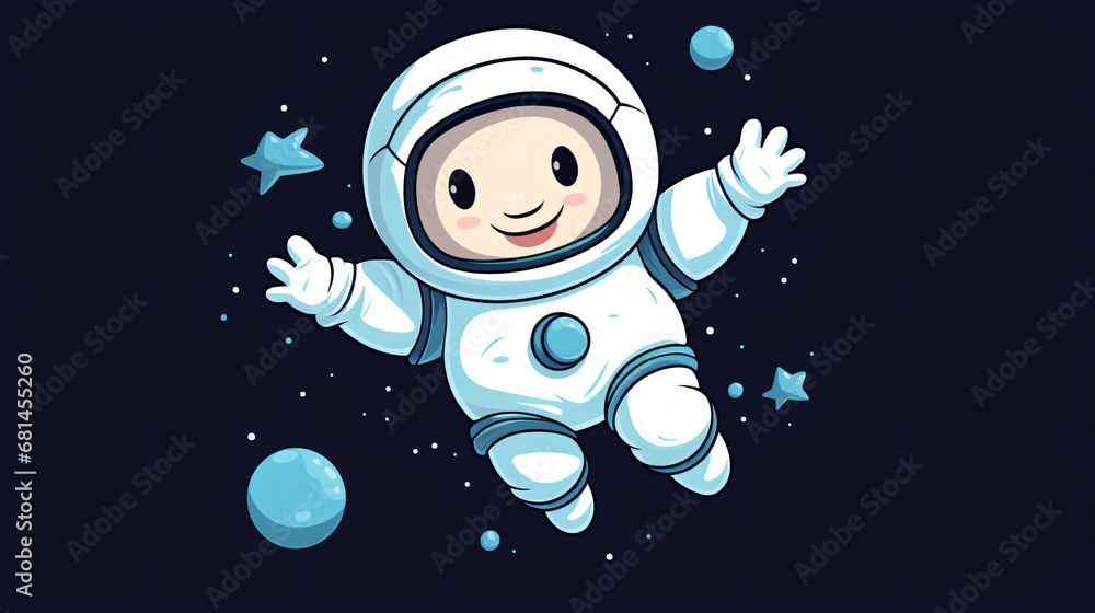 Fototapeta premium Cute white cartoon astronaut flying in zero gravity