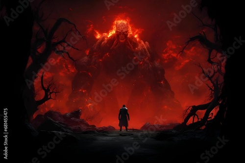 AI illustration of a villainous creature engulfed in flame.