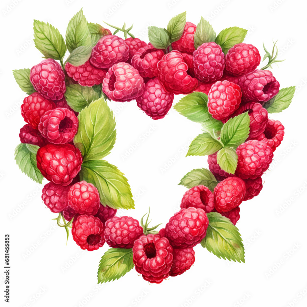Raspberries in the shape of a heart with leaf isolated on a white background. Watercolour illustration. Raspberries in the shape of a heart with leaf isolated on a white background. Watercolour illustration.