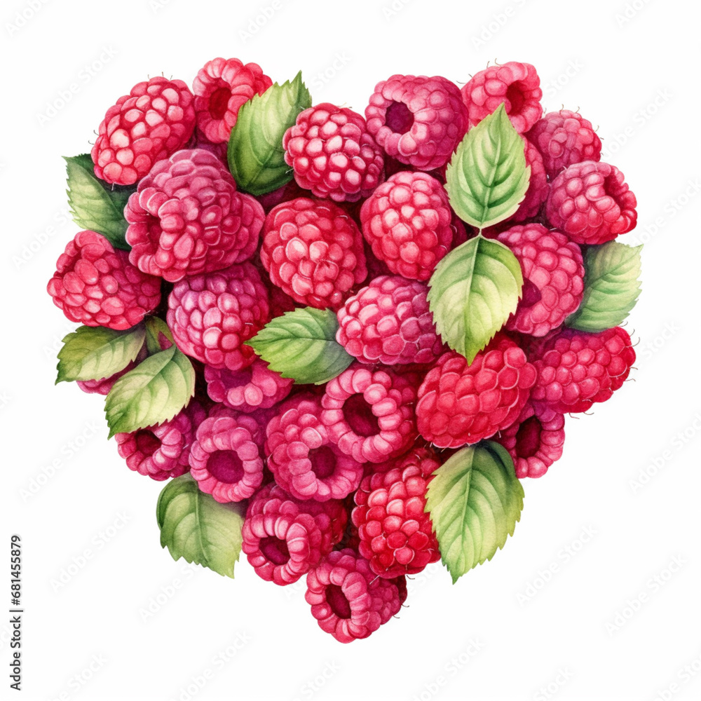 Raspberries in the shape of a heart with leaf isolated on a white background. Watercolour illustration. Raspberries in the shape of a heart with leaf isolated on a white background. Watercolour illustration.