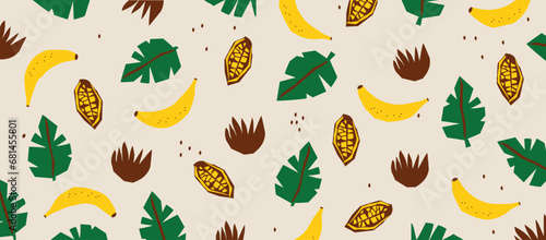 Tropical leaves, bananas and cocoa pattern design. Vector seamless texture