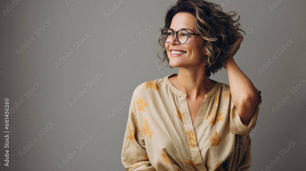 Beautiful smiling woman in eyeglasses looking away isolated on grey.