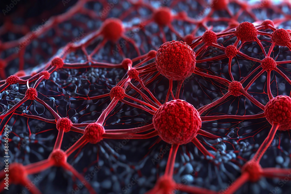 Close up influenza virus in blood vessel. Science and medical concept. Micro nucleus of Corona virus cell in human body. 3D illustration - obrazy, fototapety, plakaty 
