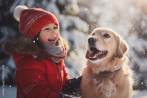 Kid dressed in a winter clothes having fun playing snow with dog. Winter, outdoors leisure concept