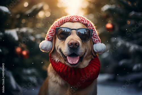 Dog wearing sunglasses, hat and scarf with Christmas tree on background. Winter season, pet concept