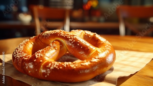 A close-up of a giant Bavarian pretzel, perfectly baked to a golden brown, ready to be enjoyed.