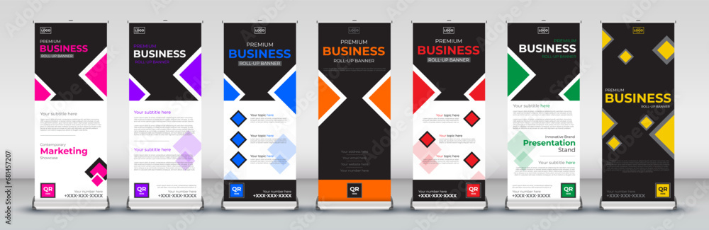 Abstract roll up Banner Design set for signboard Advertising Template standee X banner for Street Business in red, green, blue, yellow, orange, purple, orange Abstract roll up Banner Design set for signboard Advertising Template standee X banner for Street Business in red, green, blue, yellow, orange, purple, orange