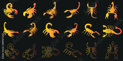 Scorpion vector illustration set on black background. Stylized, distinctive features highlighted. Ideal for astrology, zodiac, Scorpio, Halloween, horror themes.