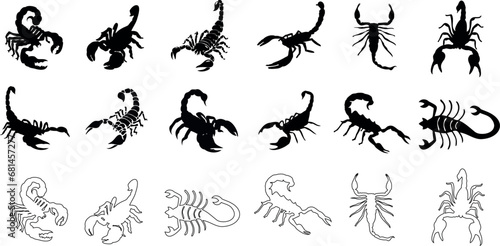 Scorpion vector illustration set - diverse, striking black and white scorpion icons, ideal for tattoos, logos